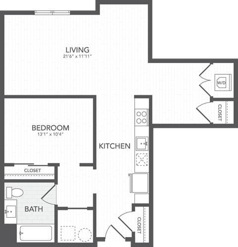 Floor plan for 1 bed, 1 bath, 932 sqft